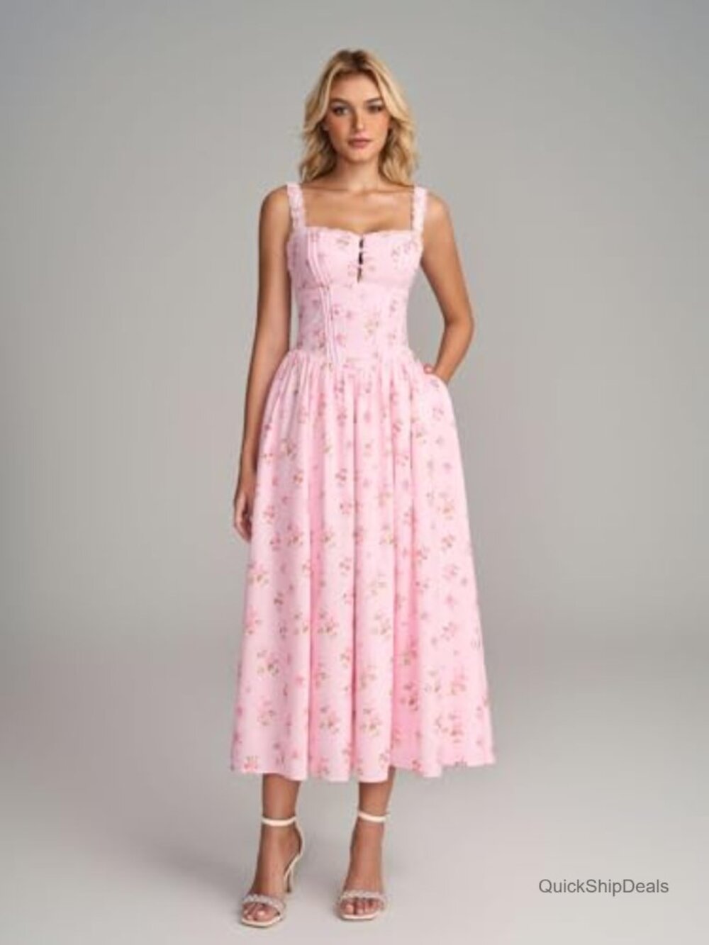 Women's Lace Corset Midi Dress Flowy Smocked A-Line with Pockets - Picture 2 of 7